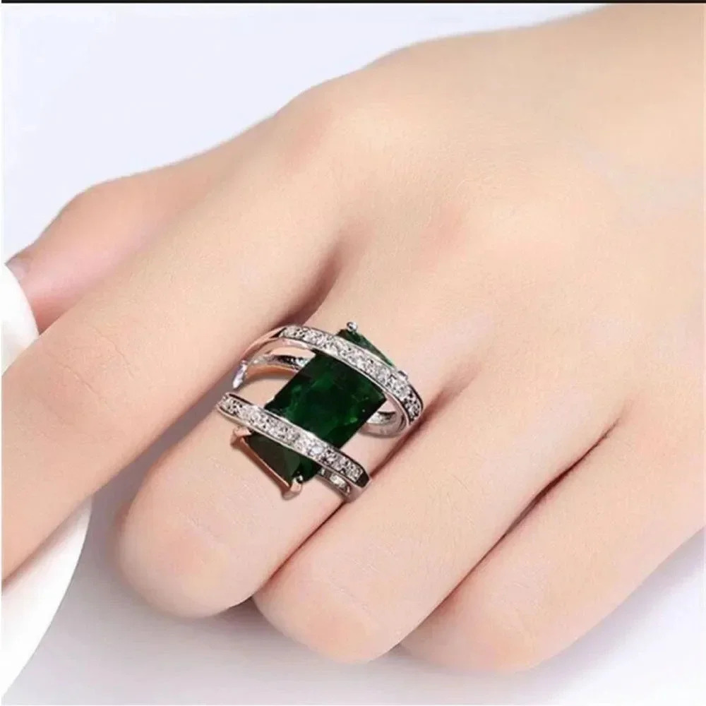 6.5ct Rectangular Emerald Contemporary Silver Rin… - image 2